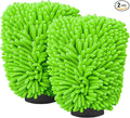 Car Wash Mitt Microfiber, Premium Chenille Microfiber Wash Car Mitts Sponge Scratch Free & Lint-Free, Mitts Waterproof Lining 2 Pack Green (8''X12'')