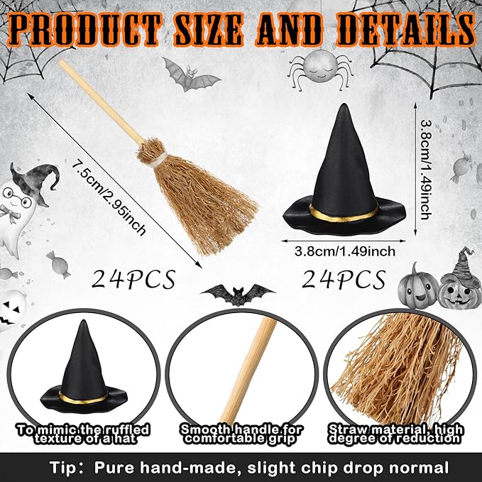 48 Pcs Mini Witch Hats and Broom for Crafts Halloween Wizard Accessories for Party Favors Decor (Black,1.5 Inches)