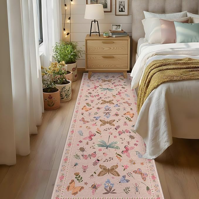 2x6 Floral Runner Rug, Washable Runners for Hallways, Pink Vintage Boho Kitchen Rugs, Non Slip Hallway Runner Carpet for Indoor Hallway, Kitchen, Laundry Room and Bathroom