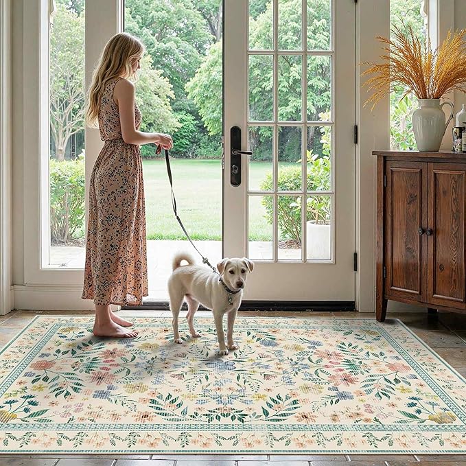 Floral Rug for Living Room Bedroom, 4x6 Washable Rug, Green Vintage Boho Area Rug, Large Non Slip Low Pile Wool Carpet for Indoor Dining Room,Girls Kids Room and Nursery Room