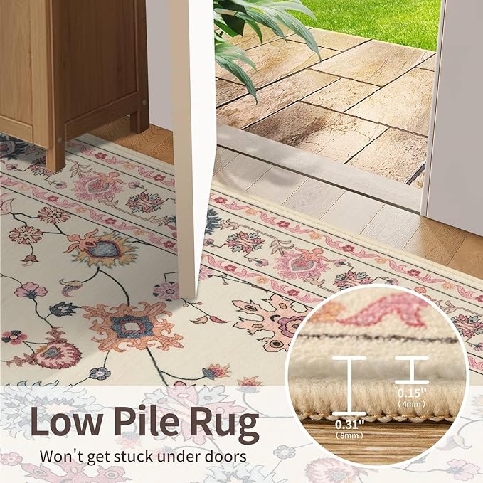 Pink Door Mat Floral Entryway Rug, Washable Samll 2x3 Rug, Boho Front Door Mat, Non Slip Area Rugs, Low Pile Throw Carpet for Indoor Entrance,Bathroom,Girls Room and Kitchen(Blush Pink 2x3ft)