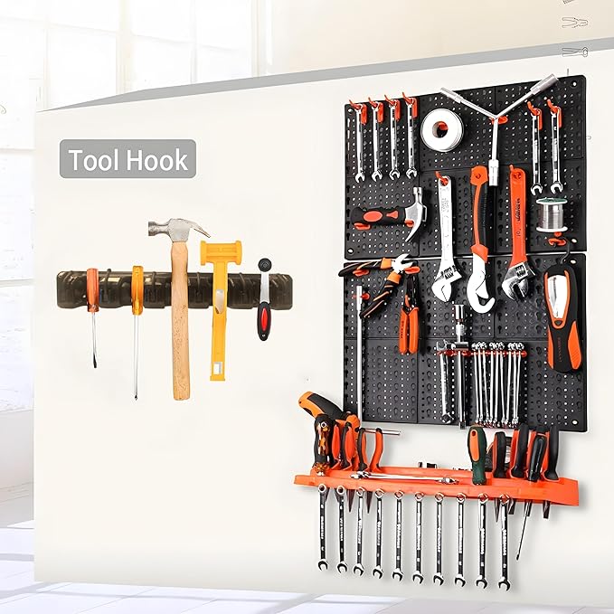 C-CHAIN Mop and Broom Holder, 5 Position with 6 Hooks Garage Storage Holds up to 11 Tools, Multipurpose Wall Mounted Tool Rack Organizer for Kitchen Garage, Shiny Black