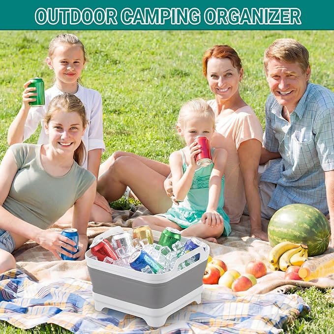 Collapsible Wash Basin for Baby Bottles with Drying Rack – 2.4 Gallon Foldable Dish Tub with Handles, Portable RV Camping Sink & Space-Saving Wash Bin with Lid for Kitchen, Travel & Outdoor