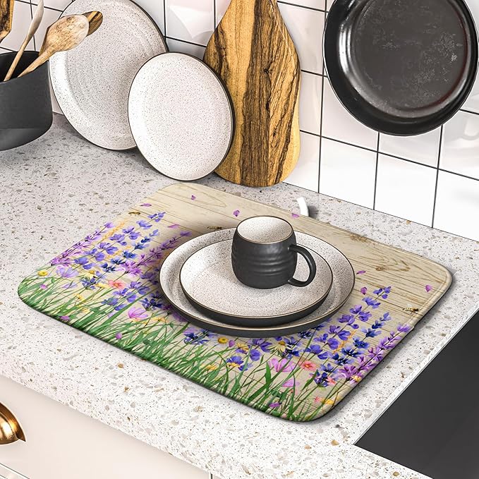 Lavender Floral Dish Drying Mat 16x18 inch Spring Summer Flower Decorative Fast Dry Dishes Drainer Mats Reversible Washable Dish Rack Pad