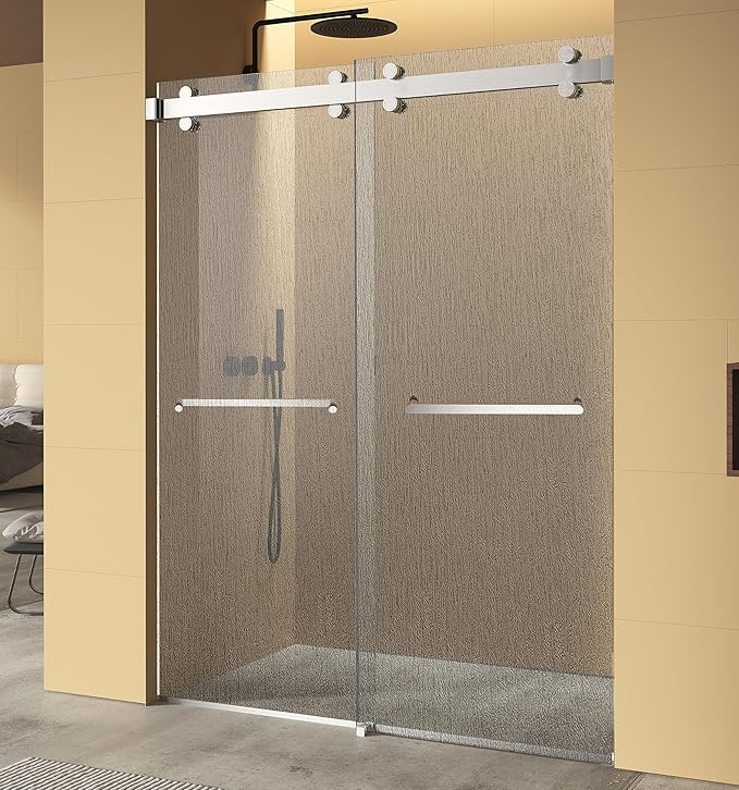 Monaco 56.5-60" W x 78" H 3/8" Twinglide Frameless Shower Door with Tempered Rain Glass (Brushed Nickel)