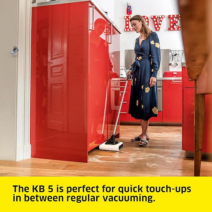 Kärcher KB 5 Electric Floor Sweeper Broom, for Carpets, Hardwood Floors and Tiles, Lightweight and Cordless, Ideal for Fur, Hair, Dirt & Dust - White