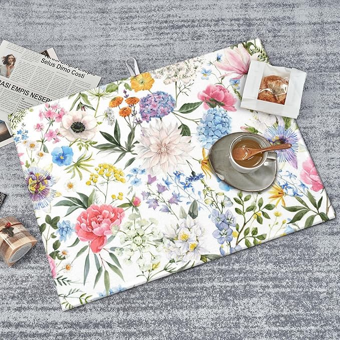 Colorful Flowers Dish Drying Mat for Kitchen Counter, 18"x24" Microfiber Absorbent Fast Dry Mat, 2Pcs Dish Mat Faucet Mats Sets, Large Drying Kitchen Mat Kitchen Drying Pad Coffee Bar Decor Gifts