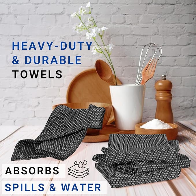 TWINY Threads Cotton Kitchen Towels, Set of 6, 18x28 Inches, Ultra Absorbent & Soft, Quick-Dry, Reusable Dish Cloths with Hanging Loop, Durable and Washable for Everyday Cleaning, Cooking, Black