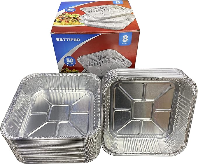50pack- 8 x 8 Aluminum foil Pans Disposable,Heavy Duty Square baking Cake Pans, Cooking Tins Homemade Breads Oven, Baking Roasting Pan