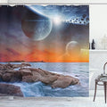 Ambesonne Galaxy Shower Curtain, Planet Landscape View from a Rocky Beach Ocean Science Theme Astro Art Illustration, Cloth Fabric Bathroom Decor Set with Hooks, 69" W x 84" L, Orange Umber