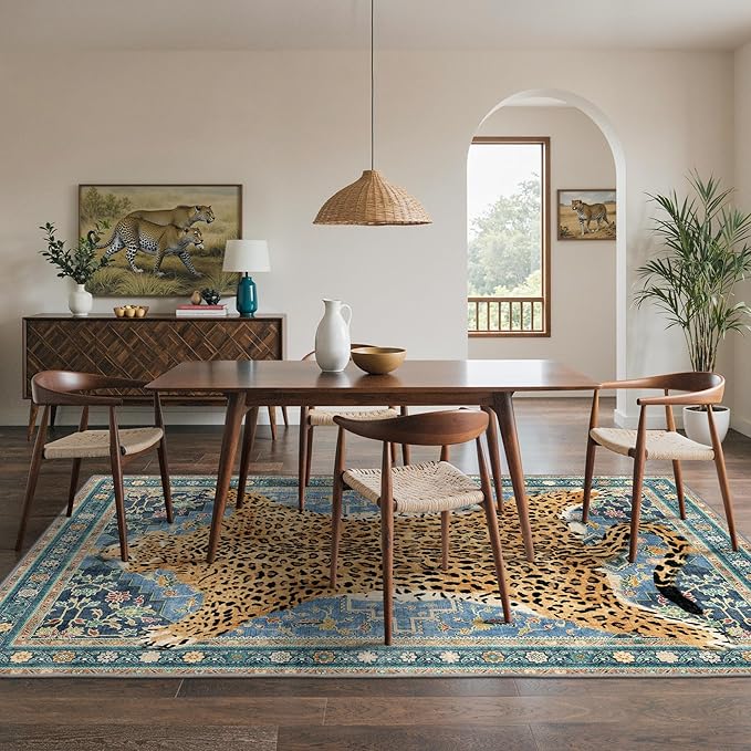Bavni 6x9 Leopard Rug, Machine Washable Cheetah Animal Print Low Pile Boho Woodland Jungle Carpet, Non-Slip Non-Shedding Pet Friendly Rug for Living Room Playroom Nursery Bedroom Dining Room, Blue
