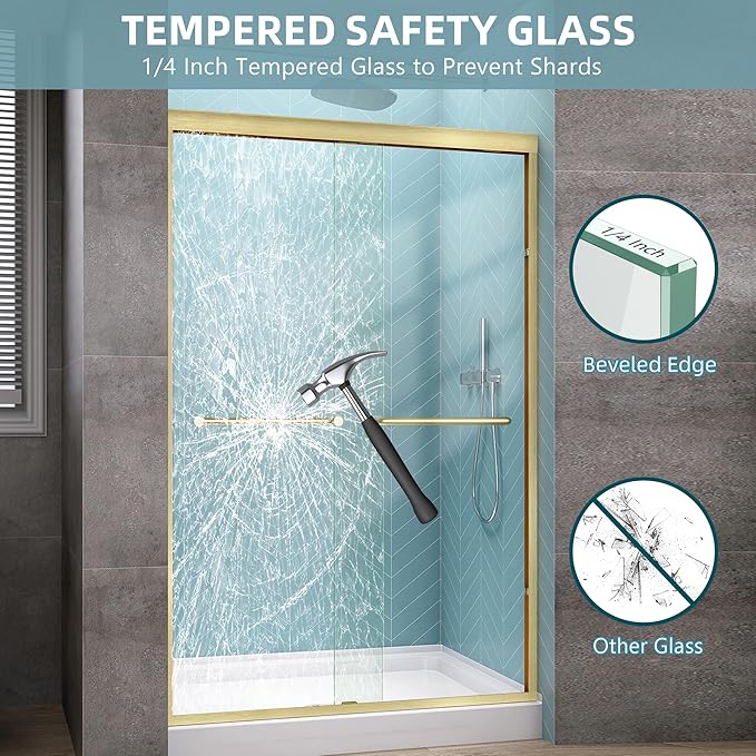 GETPRO Sliding Shower Door 44-48 in. W x 72 in. H Semi-Frameless Bypasss Double Sliding Glass Shower Doors,1/4 inch Clear Tempered Glass Door for Walk-in Shower Brushed Gold