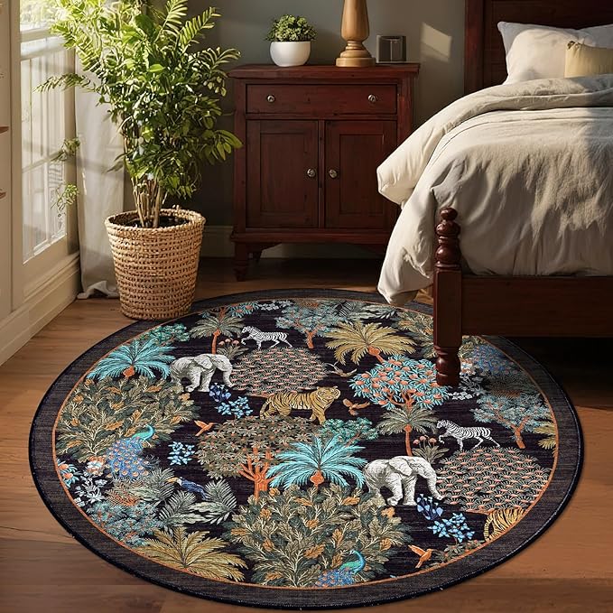 GarveeHome Jungle Round Washable Rugs 6ft Non-Slip Soft Round Rug for Kids Room, Forest Animal Print Tiger Circle Carpet for Bedroom Entryway Playroom Nursery, Black