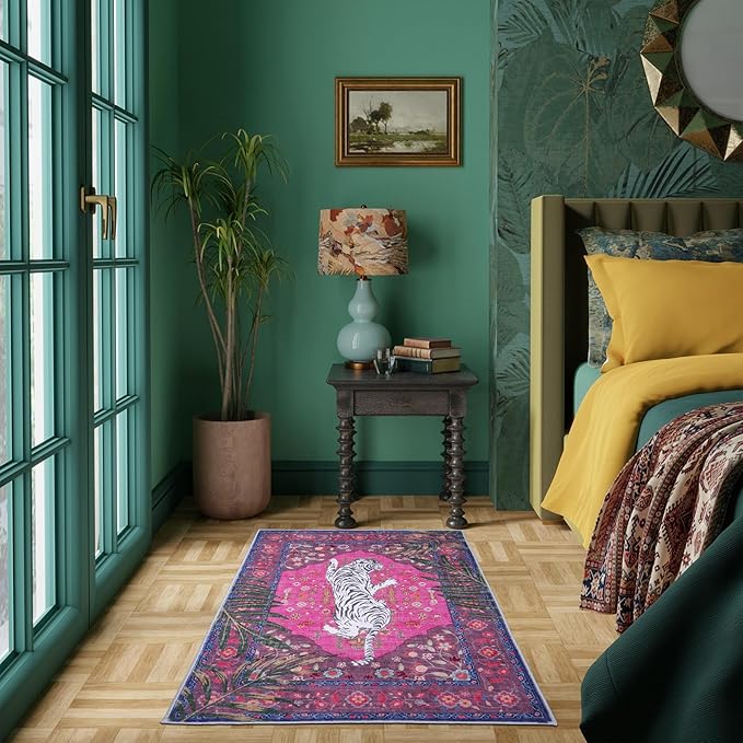 4x6 FT Leopard Rug for Living Room Hot Pink Leopard Vintage Animal Rug Aesthetic Pink Rugs for Girls Room Nursery Bedroom Home Office Dorm Thin Bright Magenta Carpet (Hot Pink, 4X6 FT)