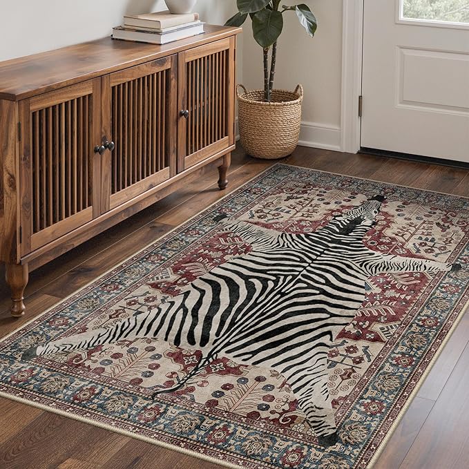 Bavni 5x7 Zebra Rug, Machine Washable Animal Print Low Pile Boho Carpet, Non-Slip Non-Shedding Pet Friendly Rug for Living Room Playroom Nursery Bedroom Entryway, Red