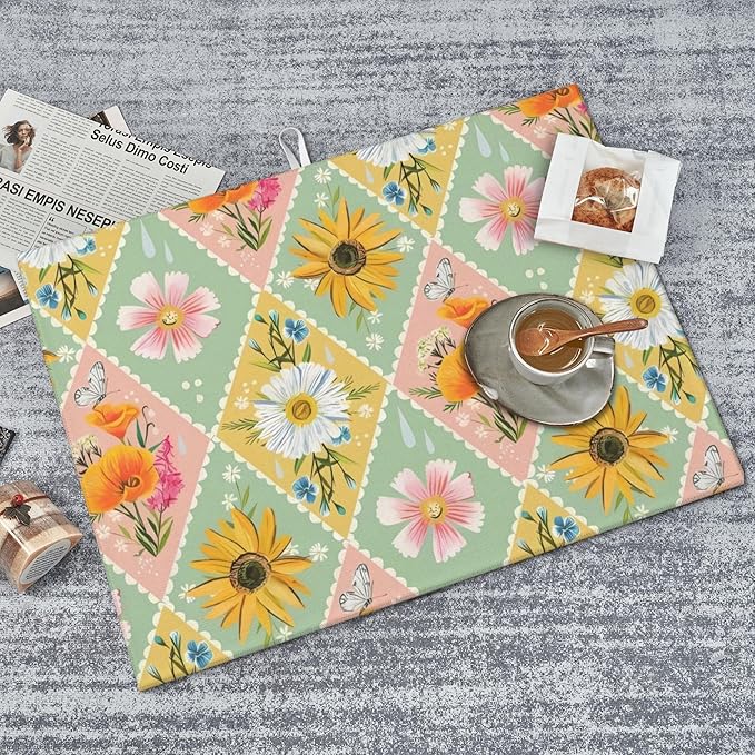 Daisy Flowers Dish Drying Mat 18x24 Inch, Microfiber Absorbent Fast Dry Mat Floral Large Dish Mat Drying Kitchen Mat, Kitchen Drying Pad for Kitchen Counter Coffee Bar Decor Gifts