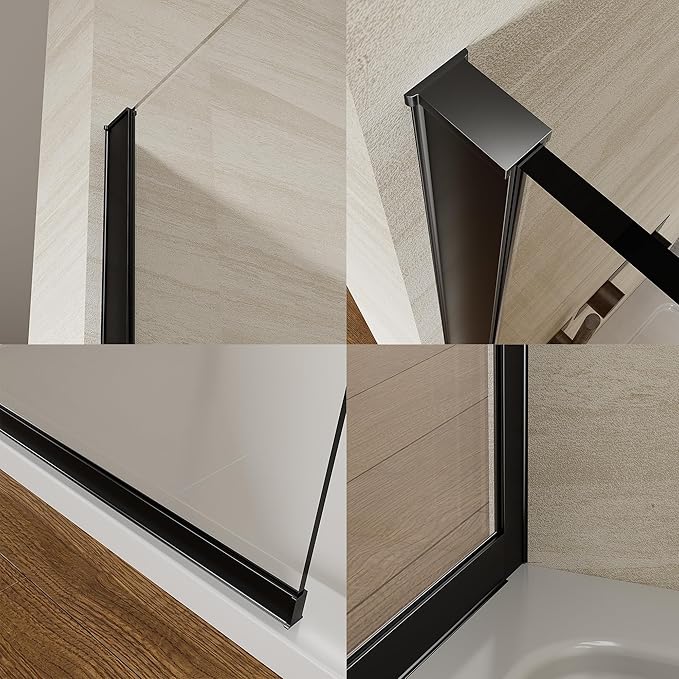Shower Screen 36" x 76" Half Frameless Shower Wall Panel, Tempered Glass 3/8 inch, Easy to clean Coating, Fixed Glass Shower Door with Hardware (Matte Black with Towel Bar, 36" W X 76" H)