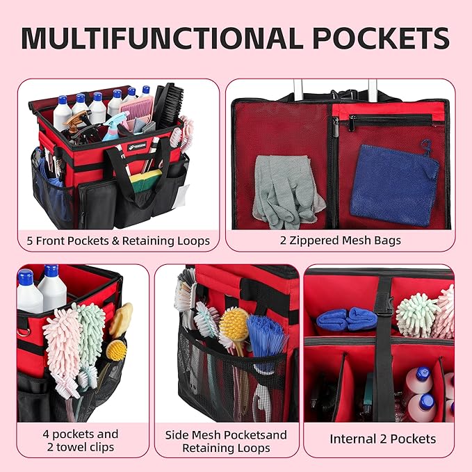 Rolling Cleaning Caddy Bag with Wheels, Large Cleaning Cart Detachable Trolley, Cleaning Bags for Housekeepers With Shoulder Strap & Multi Pockets for Cleaning Tools Storage (Red)