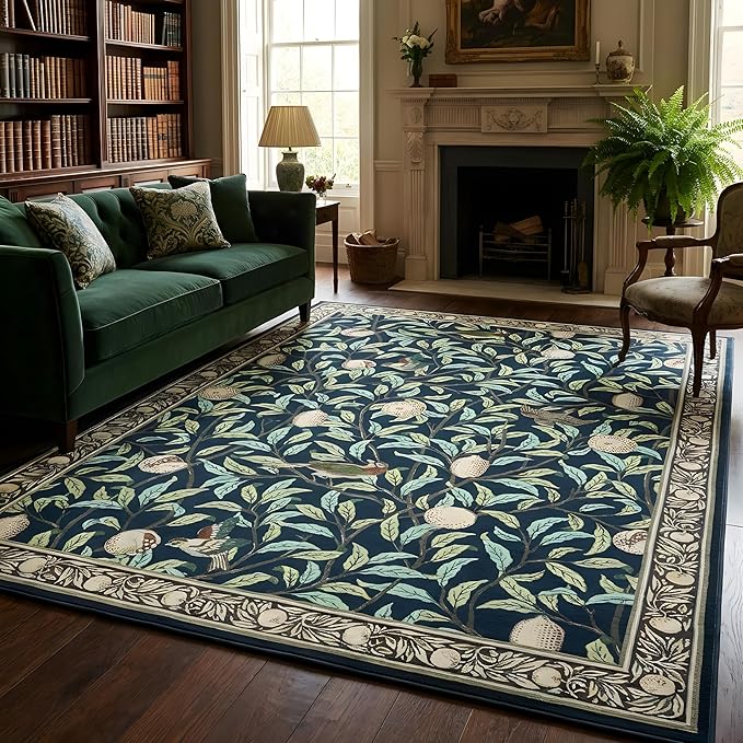 GarveeHome Boho Leaf Rugs for Bedroom, 5x7 Area Rugs for Living Room with Soft Low Pile, Non Slip Botanical Bird 5x7 Washable Rug for Dining Stain Resistant Indoor Navy Blue Carpet for Playroom Dorm