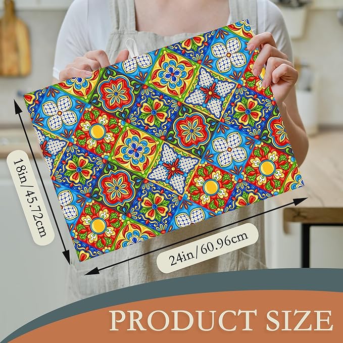 Mexican Tile Dish Drying Mat,Boho Tradicion Drying Rack Pad Countertop Dishes Ultra Absorbent Microfiber Kitchen Counter Mat for Coffee Countertop Decor 18x24 Inch