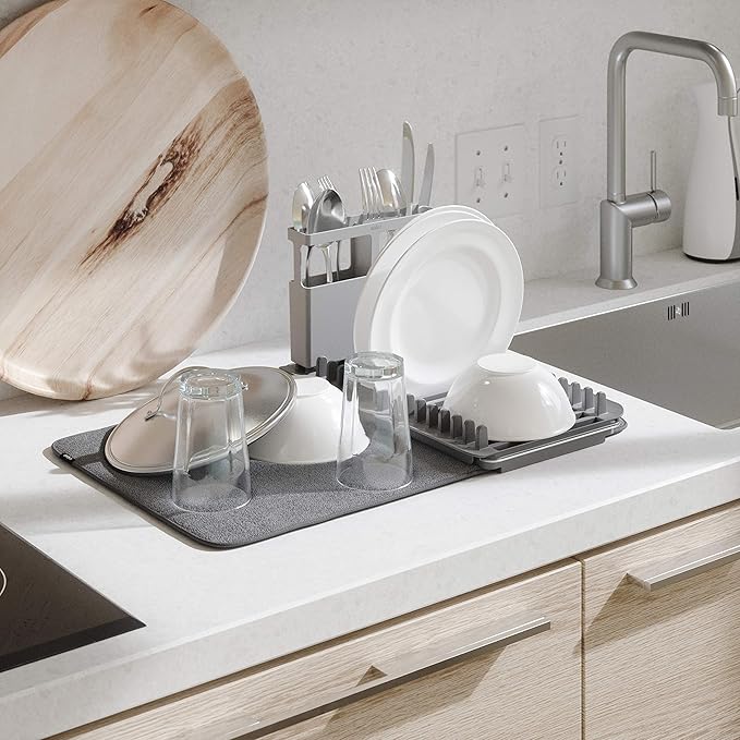 Umbra Udry Dish Rack and Microfiber Drying Mat – Space-Saving Design Folds Up for Easy Storage, Over-Sink Rack, Gray