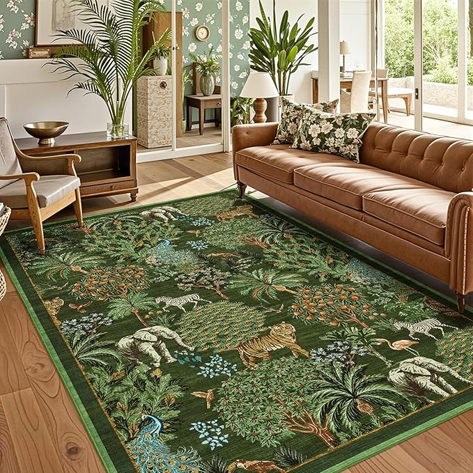 GarveeHome Jungle Animal Print Rug 5x7 Washable Area Rugs for Living Room, Forest Rug Non Slip Low Pile Stain Resistance Large Throw Carpet for Bedroom Dining Room Kids Playroom Nursery, Dark Green
