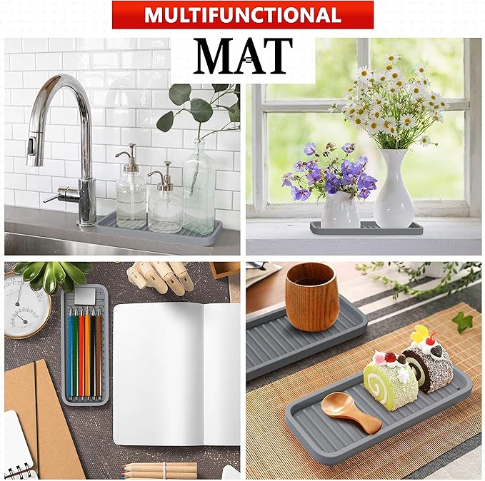 ZAPPOWARE Silicone Kitchen Sink Caddy Sponge Holder 9x3.5 (1-pack) Gray - Bathroom Vanity Tray Organizer, Soap Tray for Dish Scrubber, Soap Dispenser