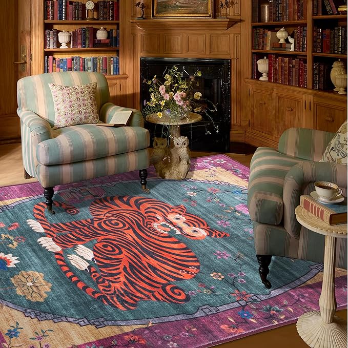 5X7 ft Tiger Rug Washable Oriental Traditional Animal Print Purple-Green Floral Tibetan Rugs for Bedroom Kitchen Living Room Indoor Entryway Carpet Thin Rug