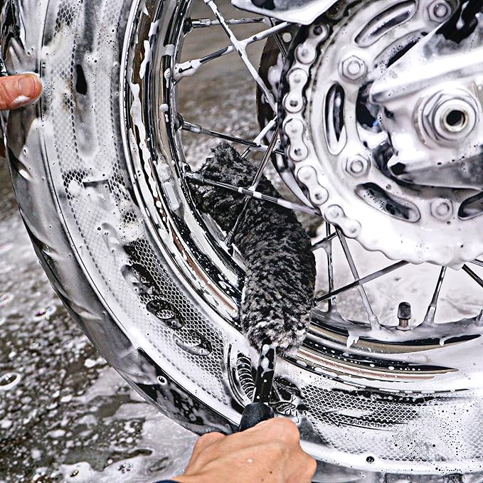 Motorcycle Cleaning Kit 6 Pack Design for Chrome, Woolies Brush, Wool Wash Mitt, Tire&Chain Brush, Detailing Brush& Ultra Plush Towel for Motorcycle& Bike Chrome Painted, Rims, Exhaust, Surface