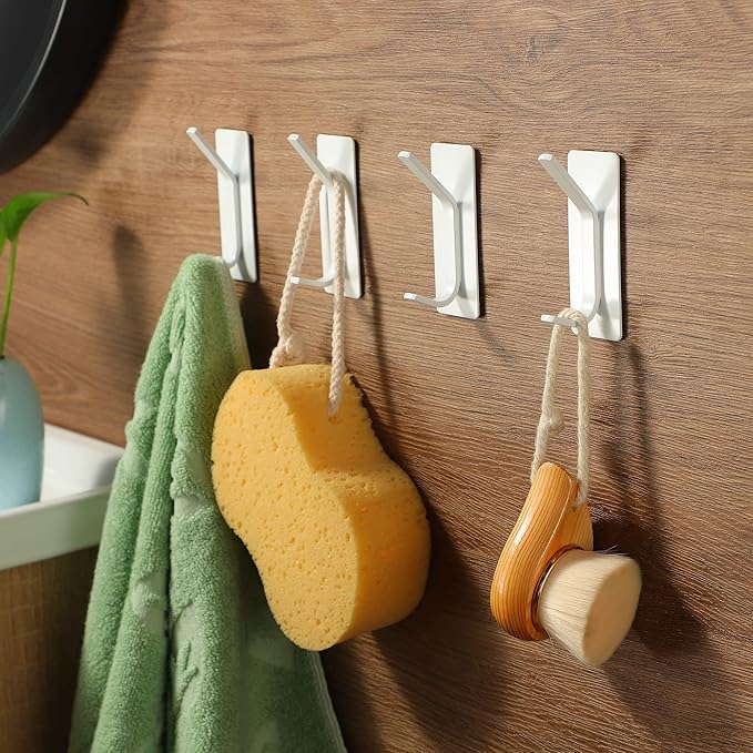 Taozun Adhesive Hooks - White Wall Hooks, Stainless Steel Towel Hangers/Holders Stick on Bathroom and Kitchen, 4 Packs