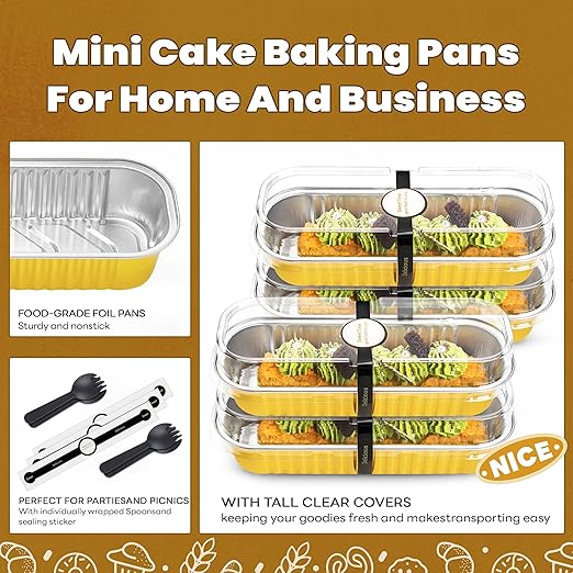 50 Pack Mini Cake Pans with Lids and Spoons Gold Rectangular Aluminum Foil Baking Pans Mini Cheesecake Containers(6.8oz)