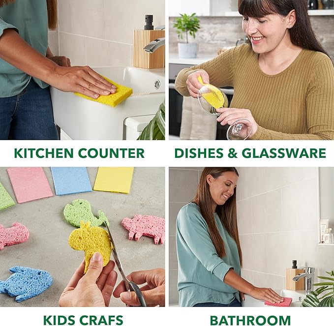 Compressed Non-Scratch Kitchen Sponges - Highly Absorbent for Dishes, Countertop, Sink, Car - Biodegradable, Quick Drying Cellulose Sponges - Assorted Colors (Pack of 36)