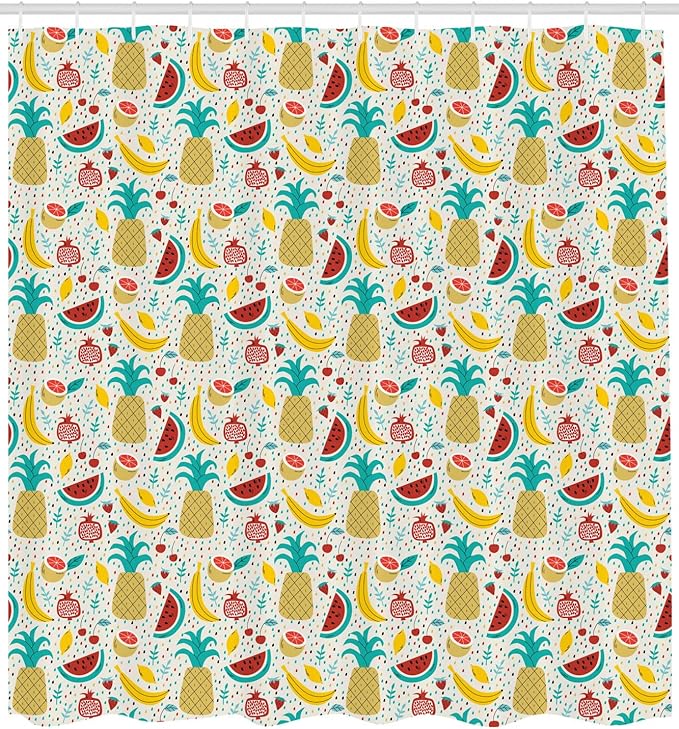 Ambesonne Food Shower Curtain, Fruits Banana Pomegranate Pineapple Watermelon Lemon Kitchen Cafe Abstract Graphic, Cloth Fabric Bathroom Decor Set with Hooks, 69" W x 84" L, Turqupise Mustard