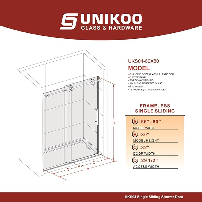 56-60 Inch x 80 Inch Sliding Frameless Shower Door, 3/8" Tempered Glass with Easy-Cleaning Coating, Stainless Steel Rollers & SGCC-Certified Stability, Brushed Nickel