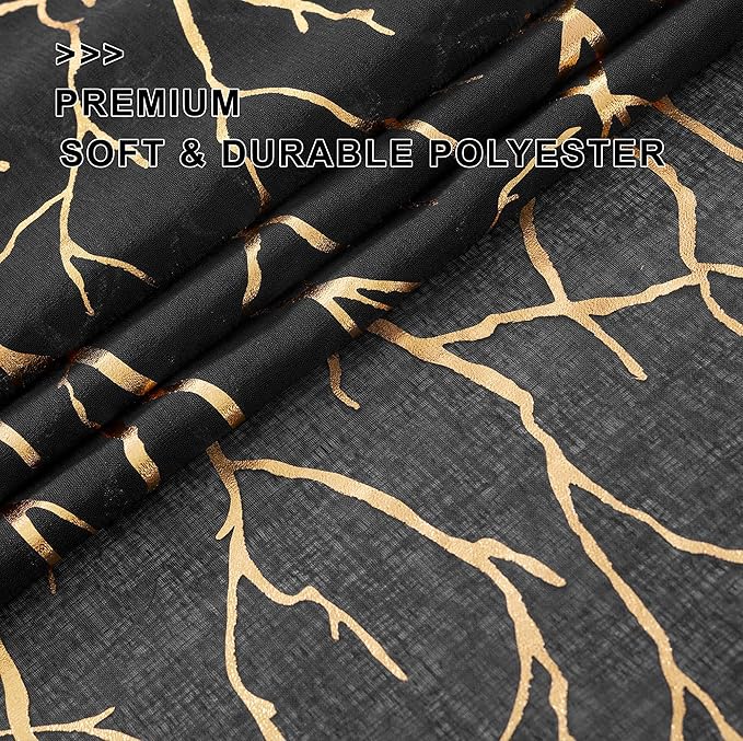FINECITY Black Gold Sheer Curtains for Bedroom - Metallic Gold Foil Tree Branch Black Sheer Curtains 63 Inch Length Black and Gold Window Curtain Panel Set of 2, 52 x 63 Inch, Black Gold