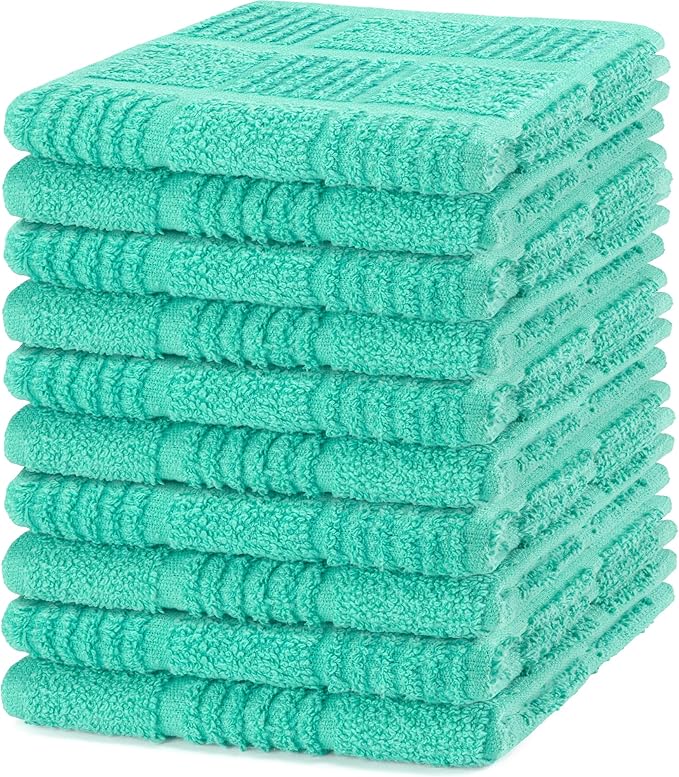 DecorRack 10 Pack 100% Cotton Kitchen Towels, 12x12 inch Soft Terry Dishcloths, Absorbent Hand Towels for Cleaning, Drying & Dishes, Plaid Pattern Cleaning Rags, Turquoise (Pack of 10)