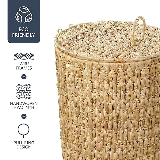4 Gallon Wicker Trash Can with Lid, Small Bathroom Trash Can, Water Hyacinth Woven Waste Basket, Rattan Boho Decorative Garbage Can with Removable Liner for Bedroom, Home Office (Round,Natural)