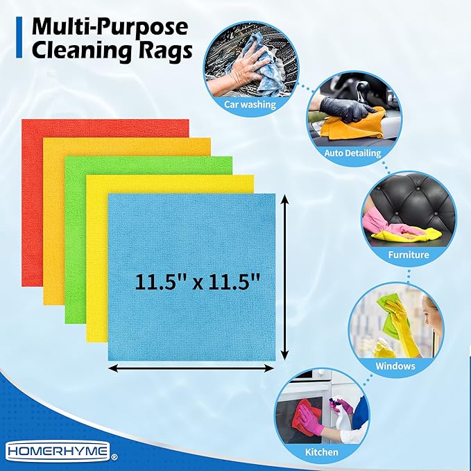 HOMERHYME Microfiber Cleaning Cloth, 100 Pack Cleaning Rags Microfiber Towel Bulk Absorbent Lint-Free Wash Cloths, All-Purpose Towels for Cars, Shop, Automotive, Garage, Home and Kitchen 11.5"*11.5"