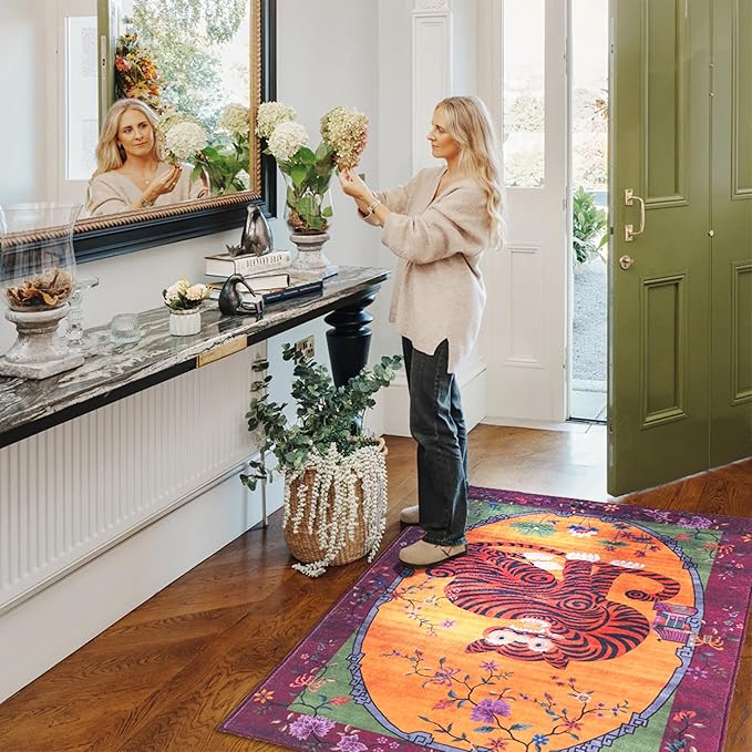 Tiger Rug Washable 3x5 ft Oriental Traditional Animal Print Vintage Fuchsia Floral Tibetan Rugs for Bedroom Kitchen Living Room Indoor Entryway