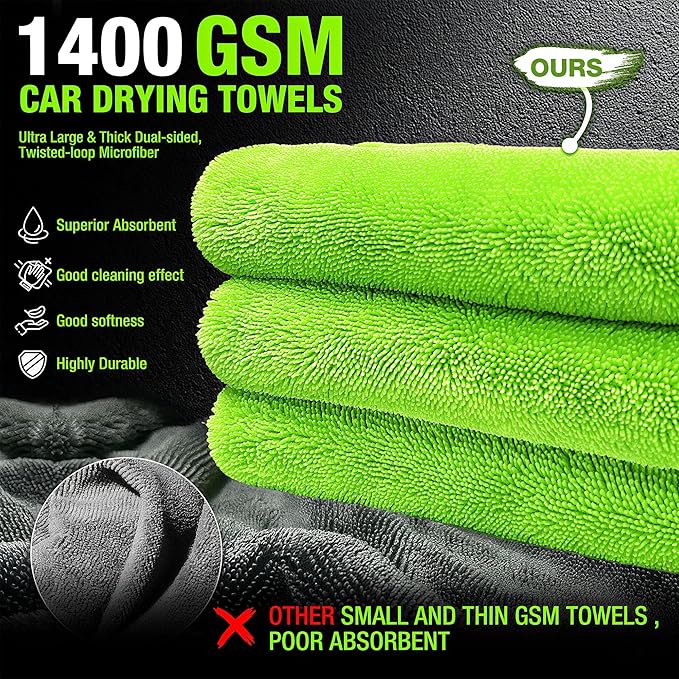 1400 GSM Car Drying Towel-48’’x24’’Extra Large Super Absorbent Twisted-Loop, Non-Streak Microfiber Car Wash Drying Towels Detailing/Cleaning Towels for Cars/Trucks/SUVs