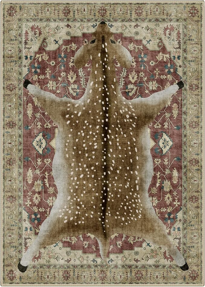 Bavni 5x7 Deer Rug, Machine Washable Animal Print Low Pile Boho Carpet, Non-Slip Non-Shedding Pet Friendly Rug for Living Room Playroom Nursery Bedroom Entryway, Red Yellow