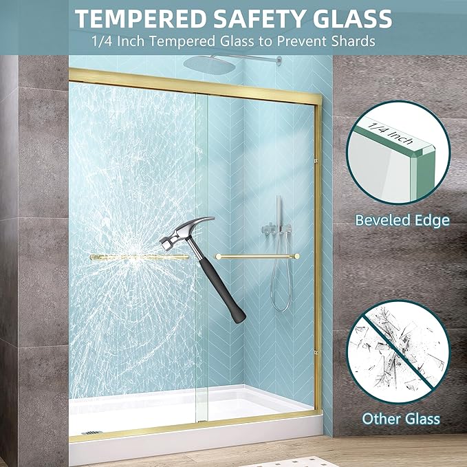 GETPRO Shower Door Double Sliding 62-66 in. W x 72 in. H Semi-Frameless Bypasss Bathroom Glass Shower Sliding Doors,1/4 inch Clear Tempered Glass Door for Walk-in Shower Brushed Gold