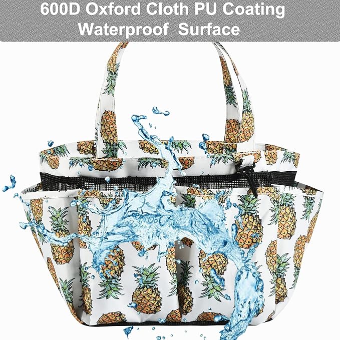 Haundry Portable Mesh Shower Caddy Bag, Large Basket Organizer with Key Hook for College Dorm Bathroom Camp Gym, Hanging Tote Bag with 8 Pockets (Pineapple)