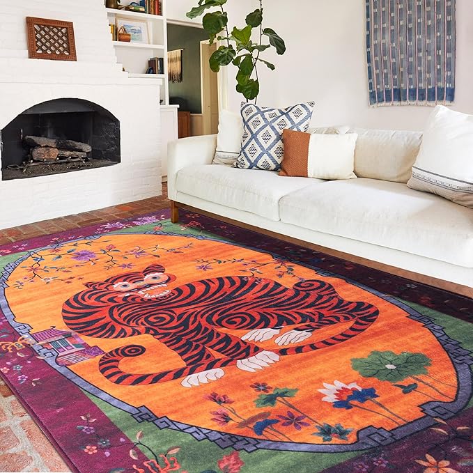 Vintage Tiger Rug Washable 6x9 Oriental Traditional Animal Print Fuchsia Floral Tibetan Rugs for Bedroom Kitchen Living Room Indoor Entryway Carpet Thin Rug
