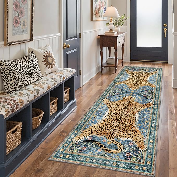Bavni 2x6 Leopard Rug, Machine Washable Soft Cheetah Animal Print Runner Rug Non Slip Boho Low Pile Non-Shedding Hallway Print Woodland Jungle Carpet for Kitchen Entryway Nursery Bedroom,Blue