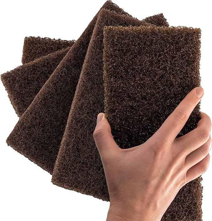 Heavy Duty XL Brown Scouring Pad 5 Pack. 10 x 4.5in Large Multipurpose Nylon Scrubbing Sponges. Clean Bathrooms, Kitchens, Counters and Floors to Erase Grime and Make Surfaces Sparkle
