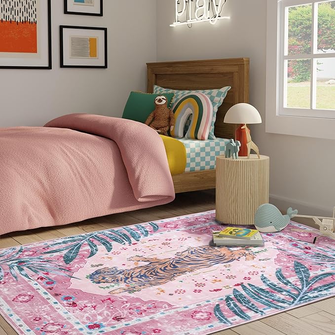 3x5 FT Leopard Rug for Living Room Light Pink Leopard Vintage Animal Rug Aesthetic Pink Rugs for Girls Room Nursery Bedroom Home Office Dorm Thin Bright Magenta Carpet (Light Pink, 3X5 FT)