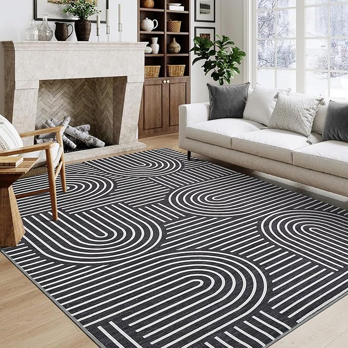 Washable Rug 5x7 Area Rugs for Living Room, Abstract Rug for Bedroom, Soft Rainbow Non Slip Throw Rugs with Rubber Back, Low Pile Stain Resistant Boho Geometric Carpet for Dining Room, Black