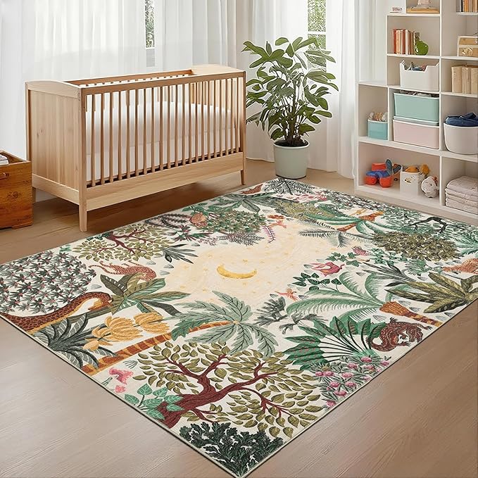 GarveeHome 4x6 Washable Nursery Rug for Kids, Jungle Animal Soft Bedroom Rug Non Slip Low Pile Small Cute Carpet Stain Resistant Throw Rug for Bedside Playroom Office Dining Room