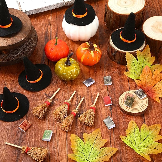 36 Pieces Mini Halloween Decorations 12 Mini Felt Witch Hats 12 Small Brooms 12 Miniature Dollhouse Books Tiny Witch Accessories Set for DIY Crafts Halloween Party Decor Supplies